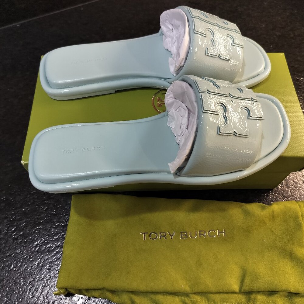 Tory Burch Womens Double "T" Sport Slide Patent Leather Sea Bubble US 8